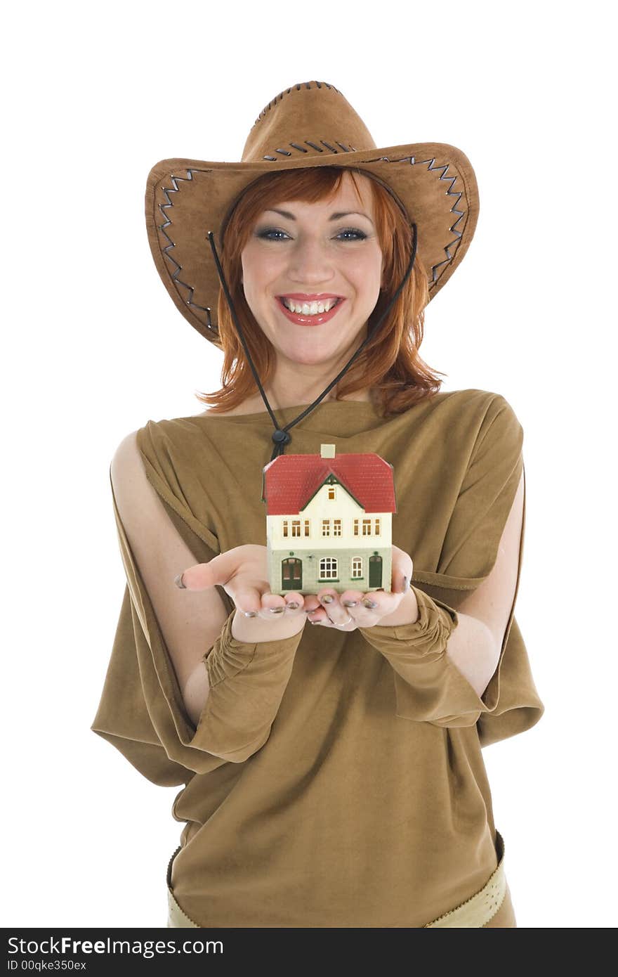 Business woman advertises real estate on isolated background