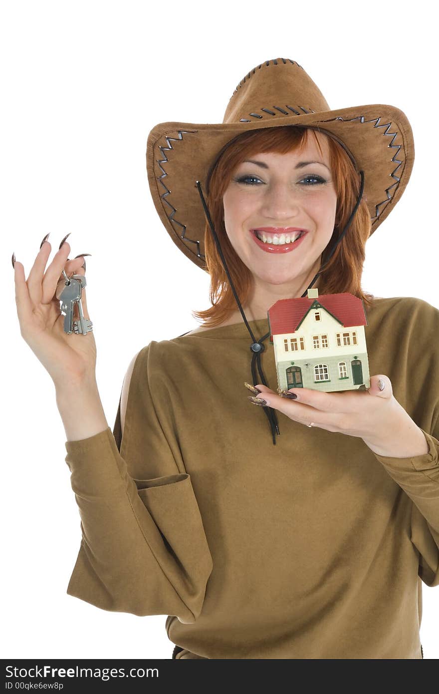 Business woman advertises real estate on isolated background