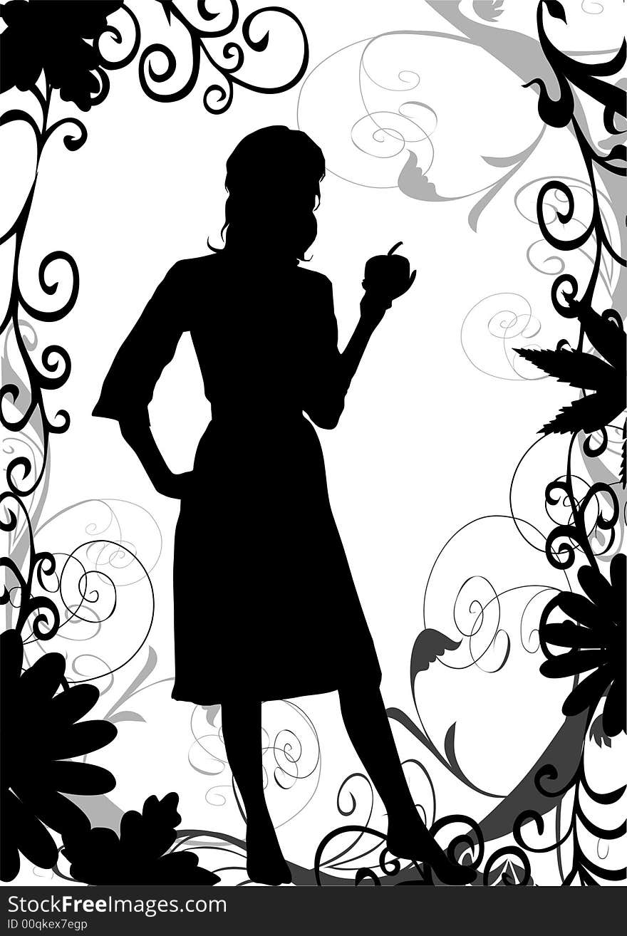 Pretty woman with apple on decorative background