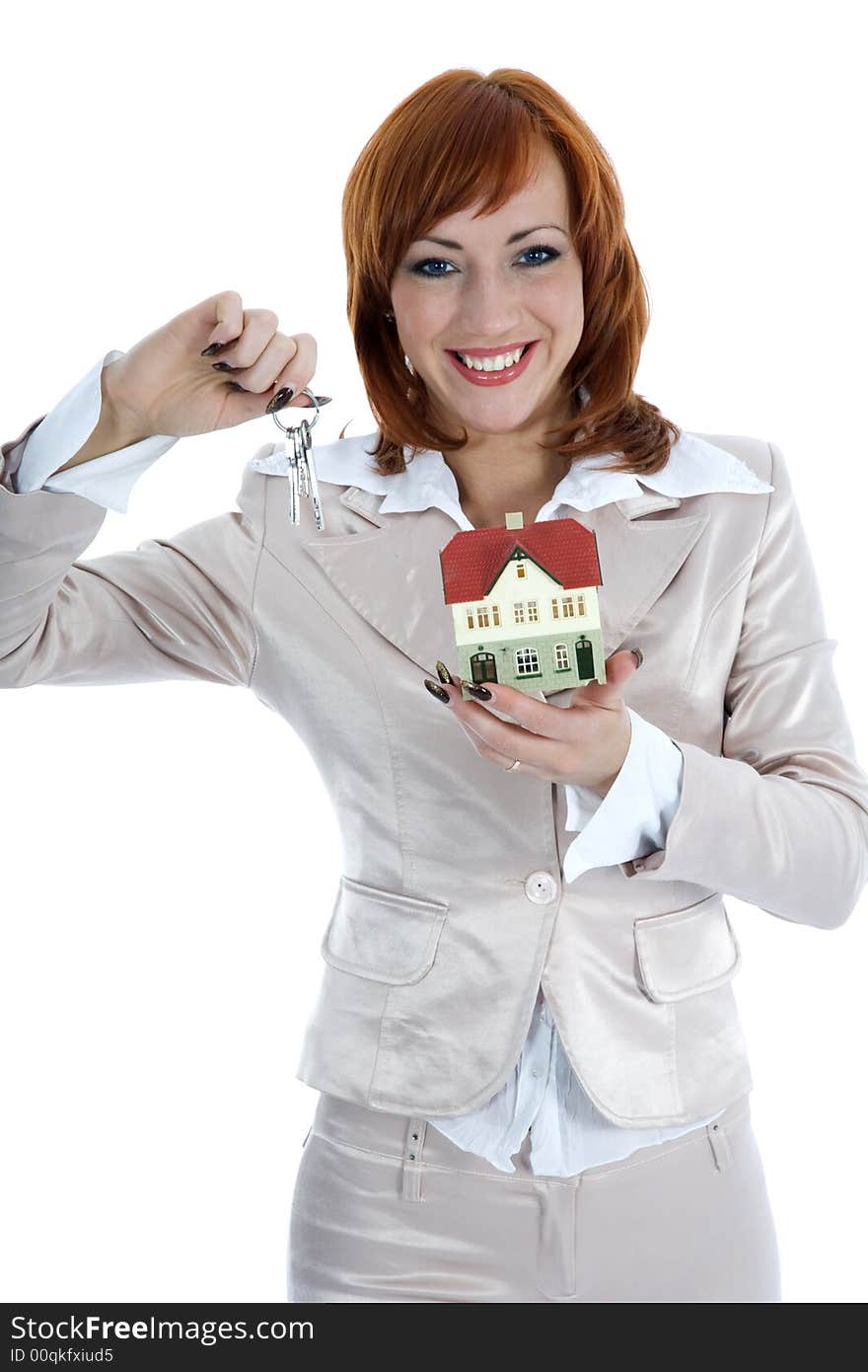 Business woman advertises real estate on isolated background