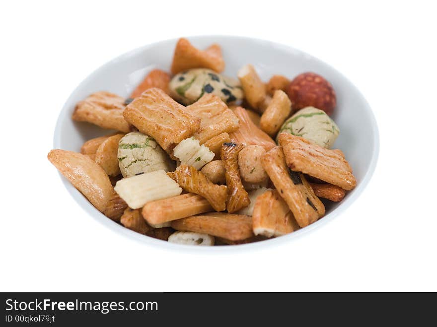 Isolated bowl of japanese rice crackers