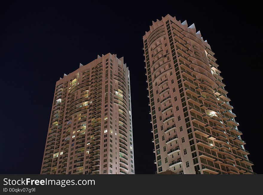 View of Two Miami High Rise Condominiums at Night. View of Two Miami High Rise Condominiums at Night