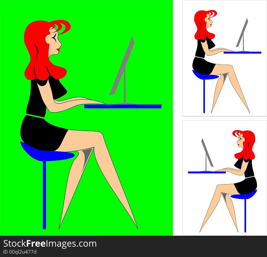 The vector image of the girl behind a computer at office. The vector image of the girl behind a computer at office