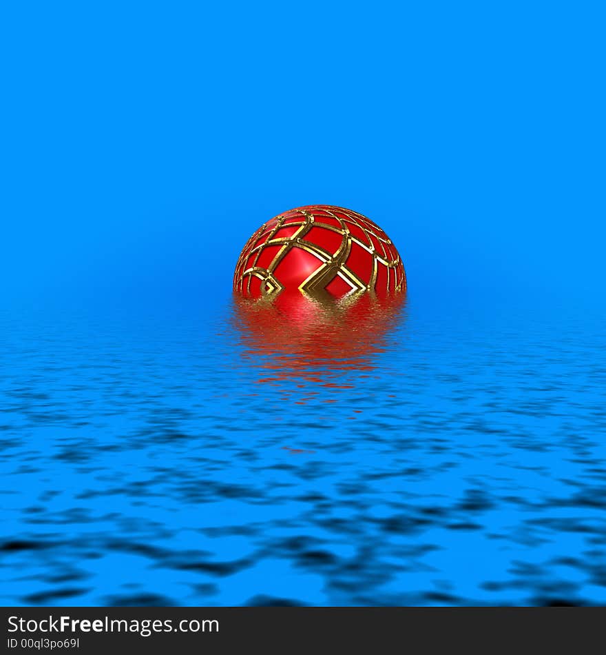 Red sphere on the ocean horizon with relfection