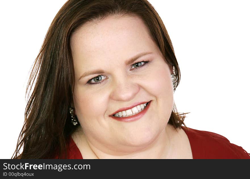 Closeup portrait of a beautiful plus-sized model.  White background. Closeup portrait of a beautiful plus-sized model.  White background.