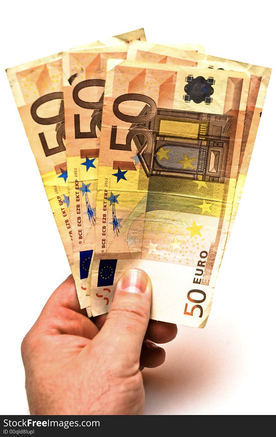 A hand holding out a bunch of fifty Euro notes. A hand holding out a bunch of fifty Euro notes