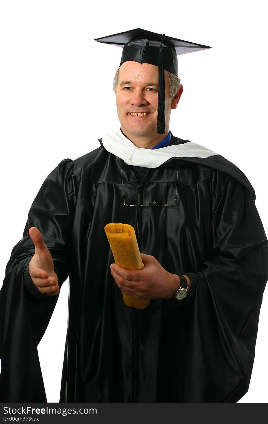 Professor wearing academic regalia with welcoming smile isolated on white space with diploma or degree. Professor wearing academic regalia with welcoming smile isolated on white space with diploma or degree