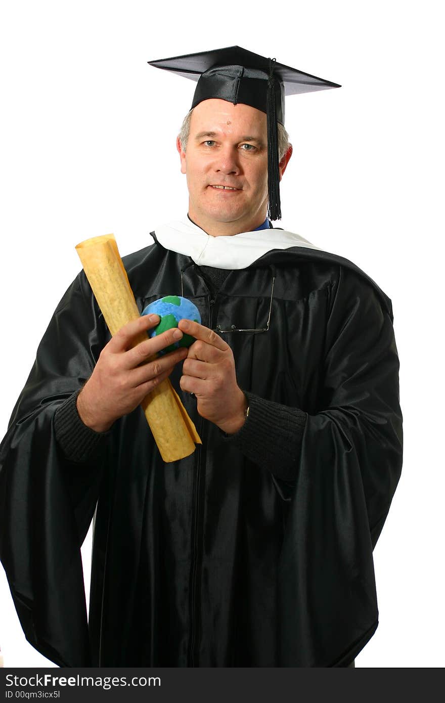 Professor wearing academic regalia with welcoming smile isolated on white space with diploma or degree and world in hand. Professor wearing academic regalia with welcoming smile isolated on white space with diploma or degree and world in hand