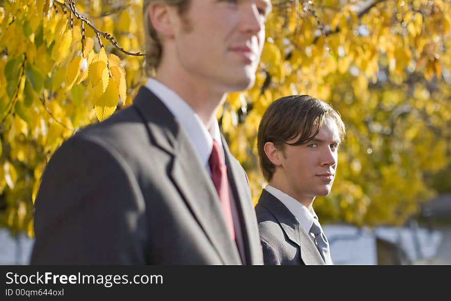 Two businessmen standing next to each other in a row under yellow leaves. Two businessmen standing next to each other in a row under yellow leaves