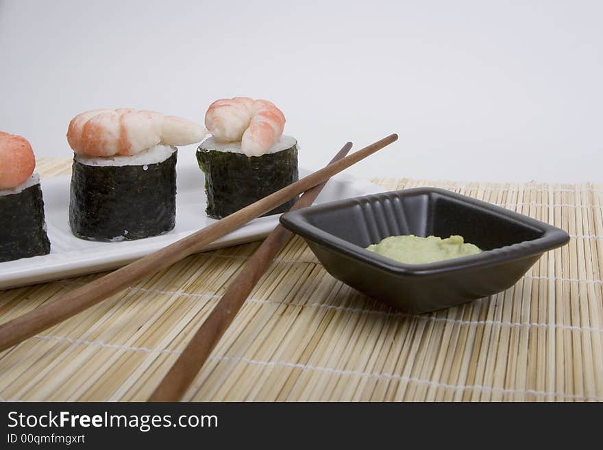 Sushi on the bamboo on the table