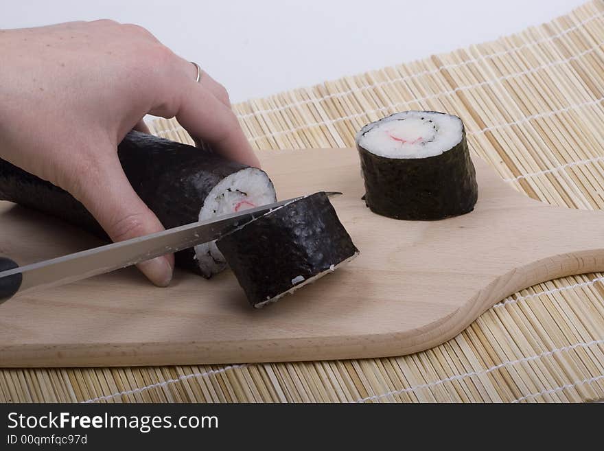 Sushi on the bamboo on the table