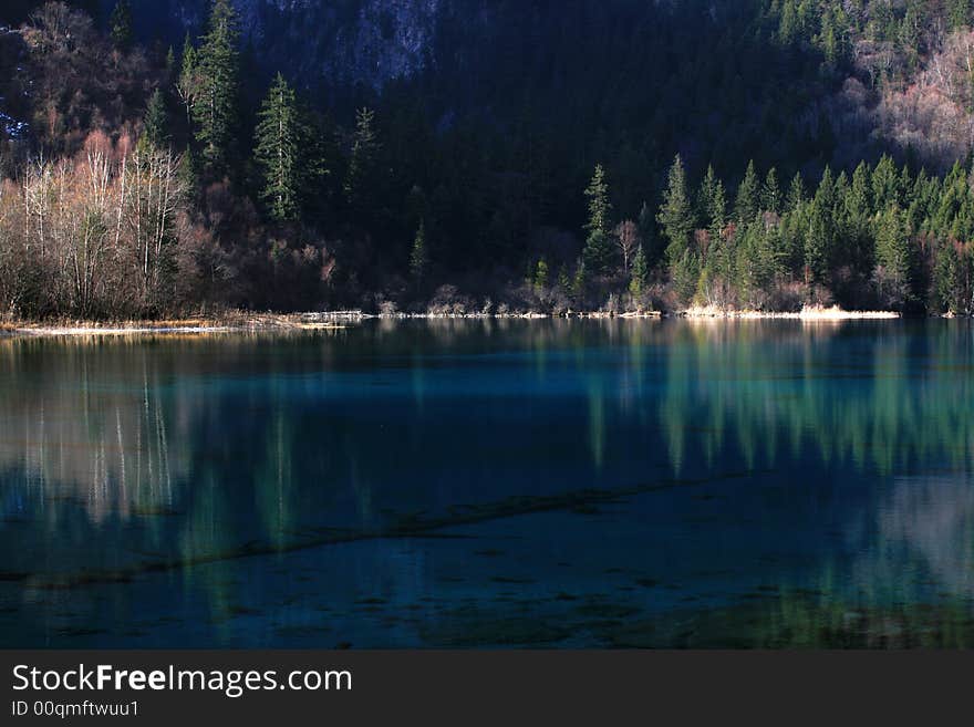 This is Five Flowers Lake in Jiuzhaigou, Sichuan Province, P.R. China. With thousands of years old calcified trees were in the blue lake. This is Five Flowers Lake in Jiuzhaigou, Sichuan Province, P.R. China. With thousands of years old calcified trees were in the blue lake.