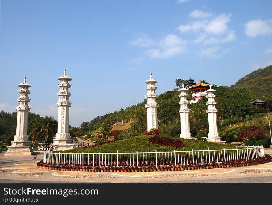 Stupa,tope ,A dome-shaped monument, used to house Buddhist relics or to commemorate significant facts of Buddhism or Jainism.Also called stupa ,Nanshan Buddhism Culture Garden,Hainan,China. Stupa,tope ,A dome-shaped monument, used to house Buddhist relics or to commemorate significant facts of Buddhism or Jainism.Also called stupa ,Nanshan Buddhism Culture Garden,Hainan,China