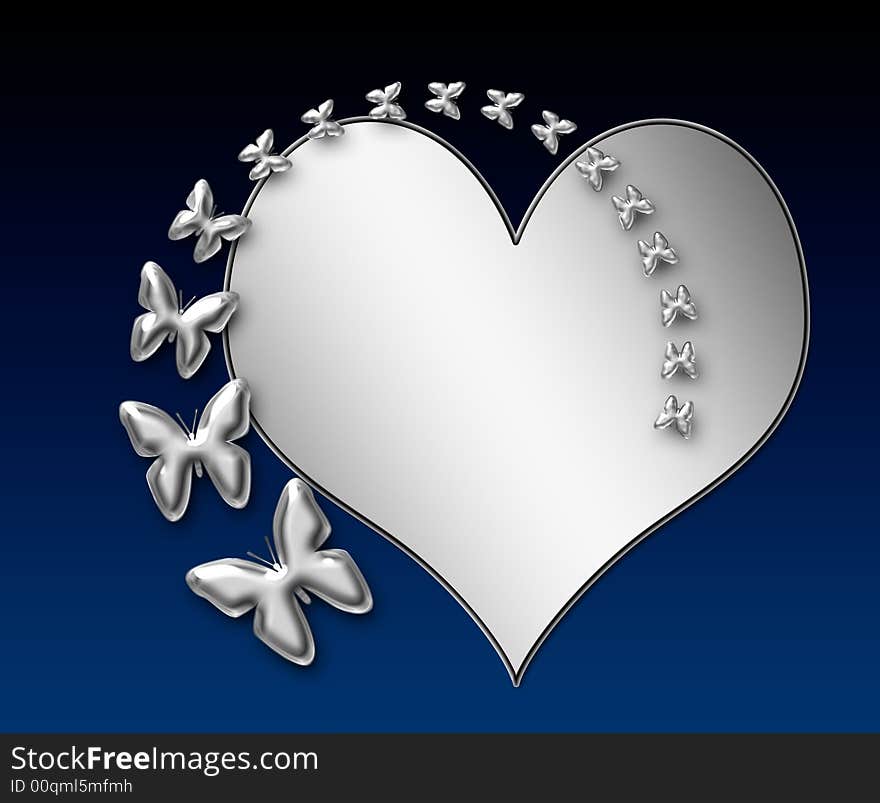 Illustration Heart and Butterflys in silver. Illustration Heart and Butterflys in silver