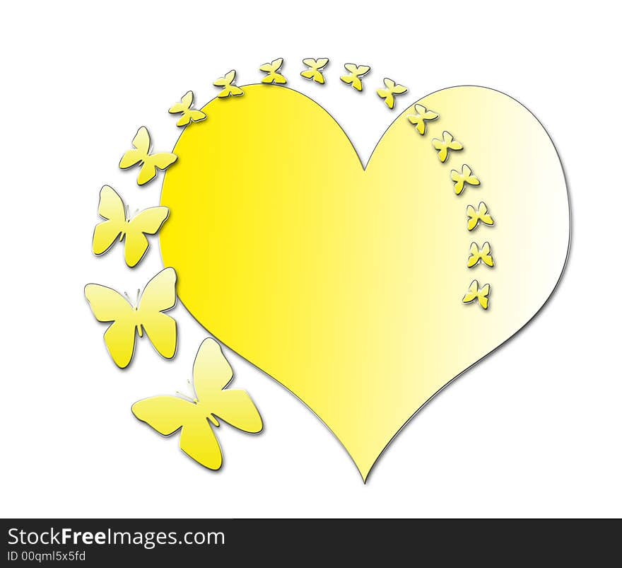Illustration Butterflys and Heart, yellow. Illustration Butterflys and Heart, yellow