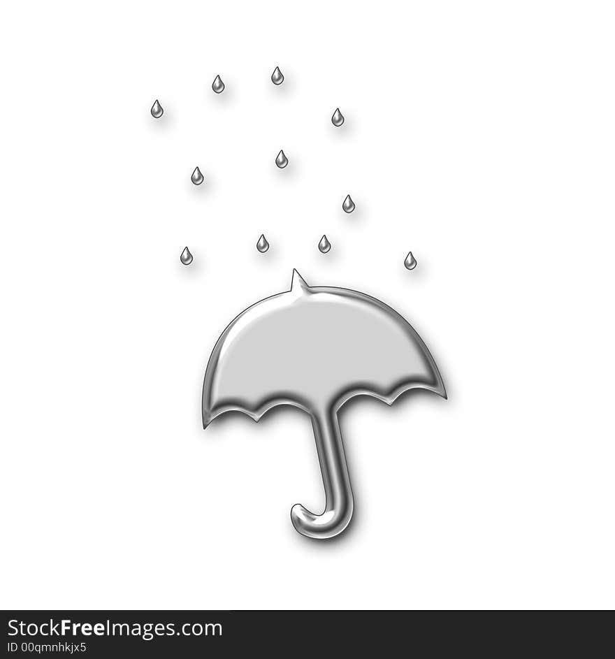 Silver umbrella illustration with falling raindrops.