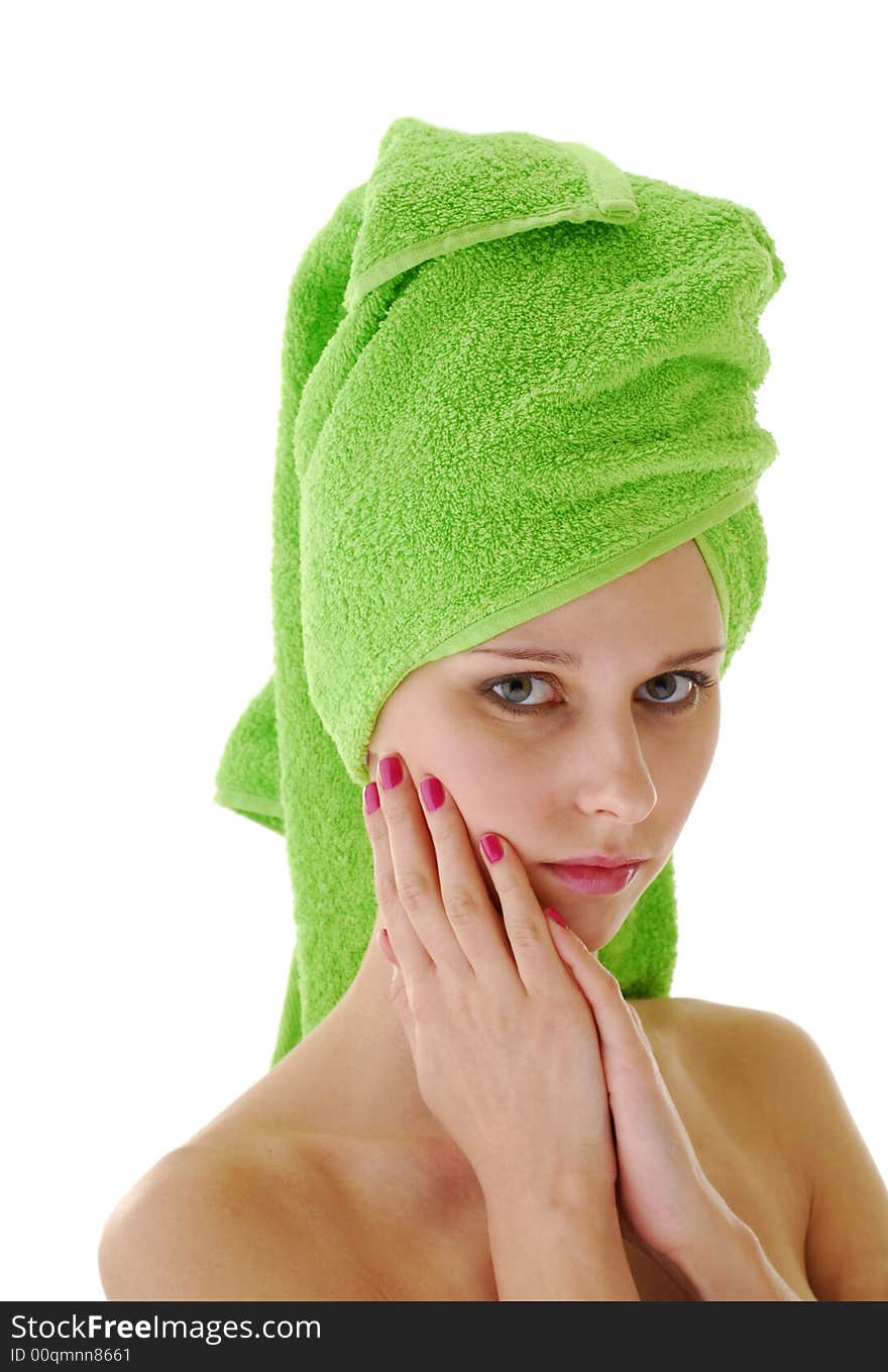 Head in green towel