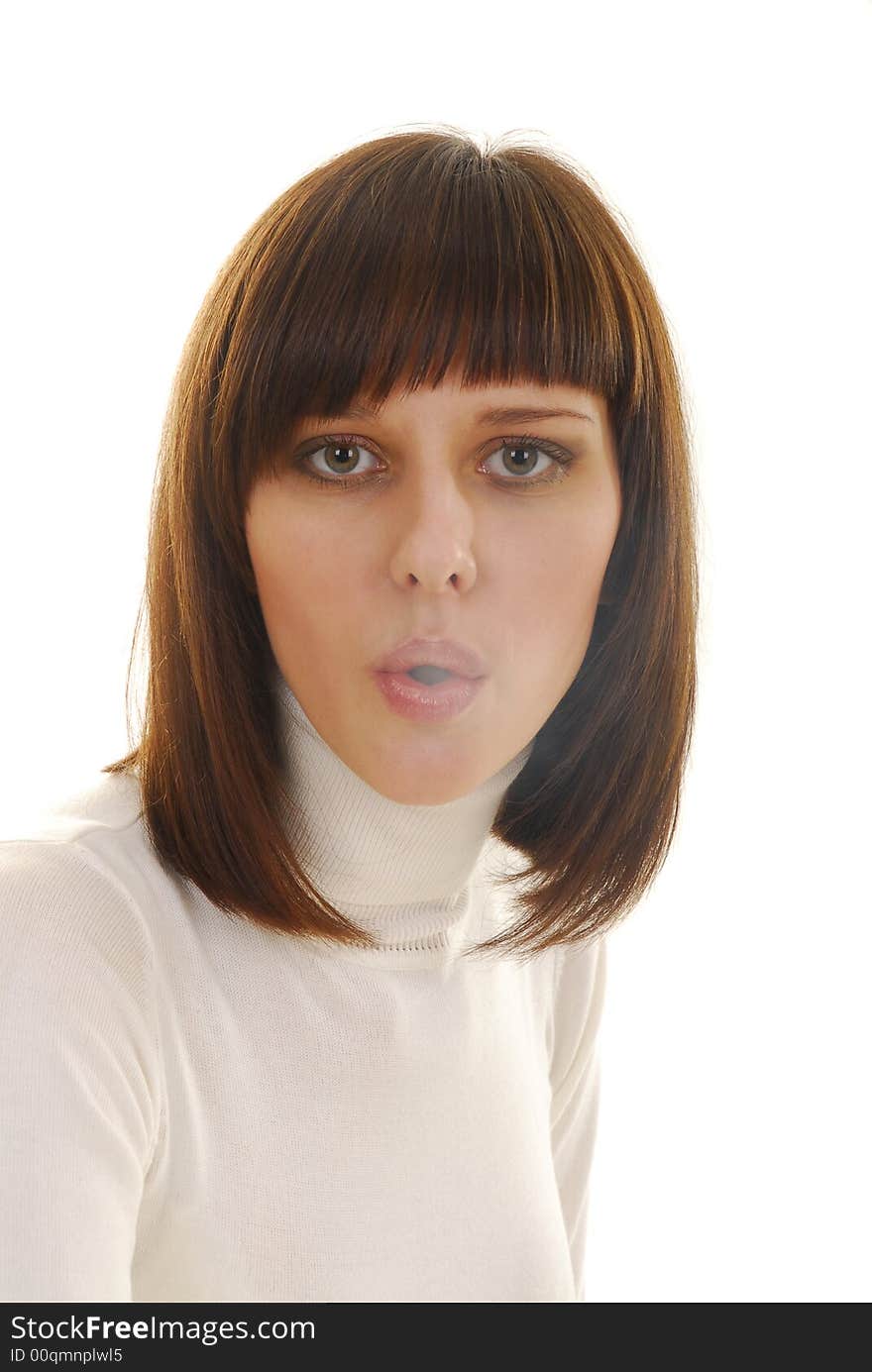 Young Smoking woman in white dress with white cigarette. Young Smoking woman in white dress with white cigarette