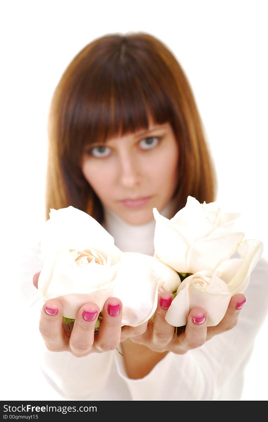 Pretty woman in white dress with white roses. Pretty woman in white dress with white roses