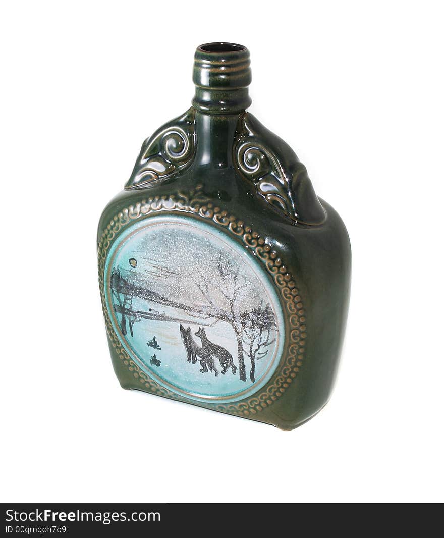 Decorative ceramic bottle wolf. isolated. Decorative ceramic bottle wolf. isolated