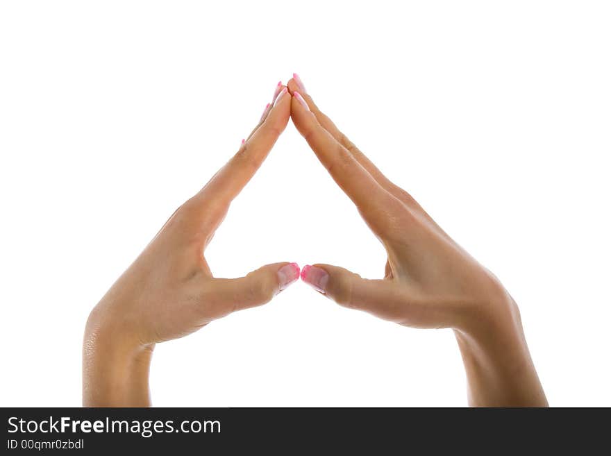 Woman hand on white background