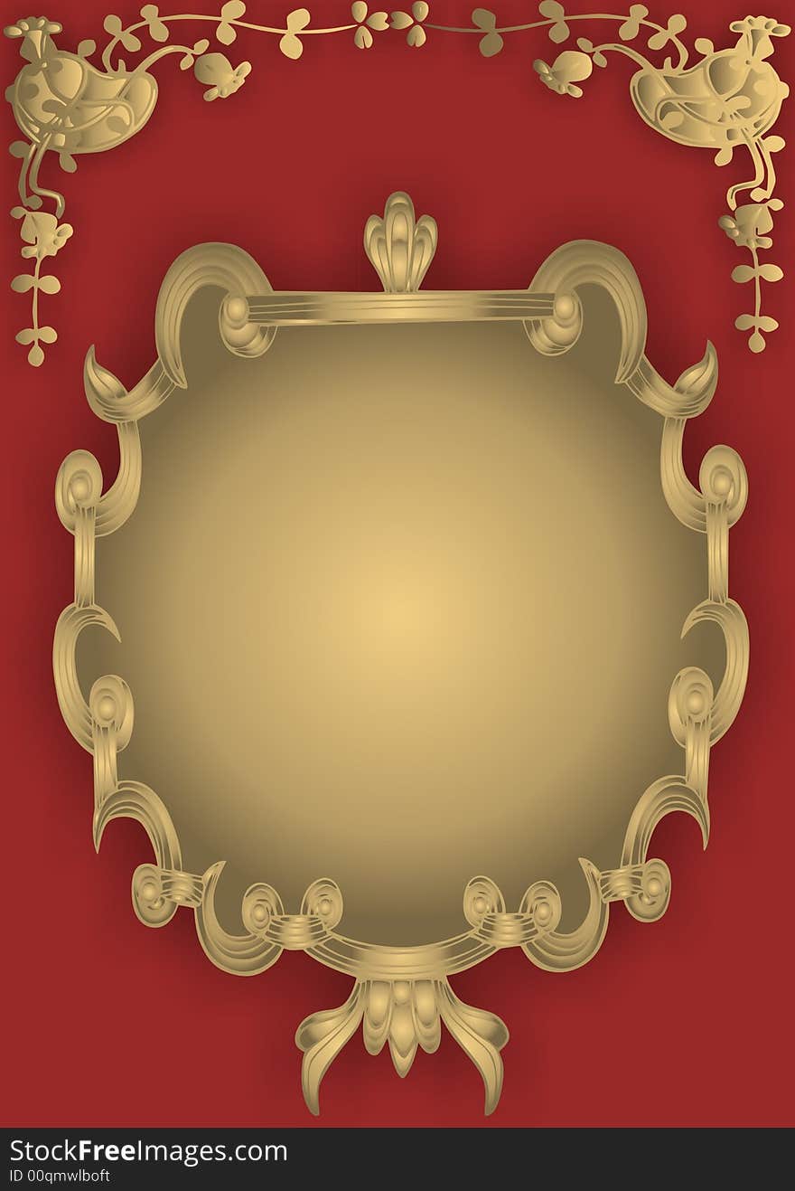 Gold abstract frame and floral details on red background -  illustration. Gold abstract frame and floral details on red background -  illustration