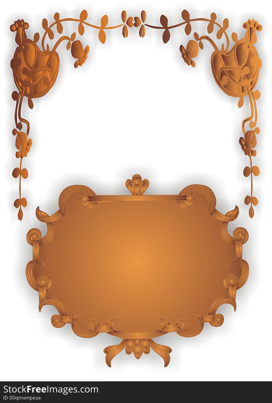 Gold frame and floral details on white background -  illustration. Gold frame and floral details on white background -  illustration
