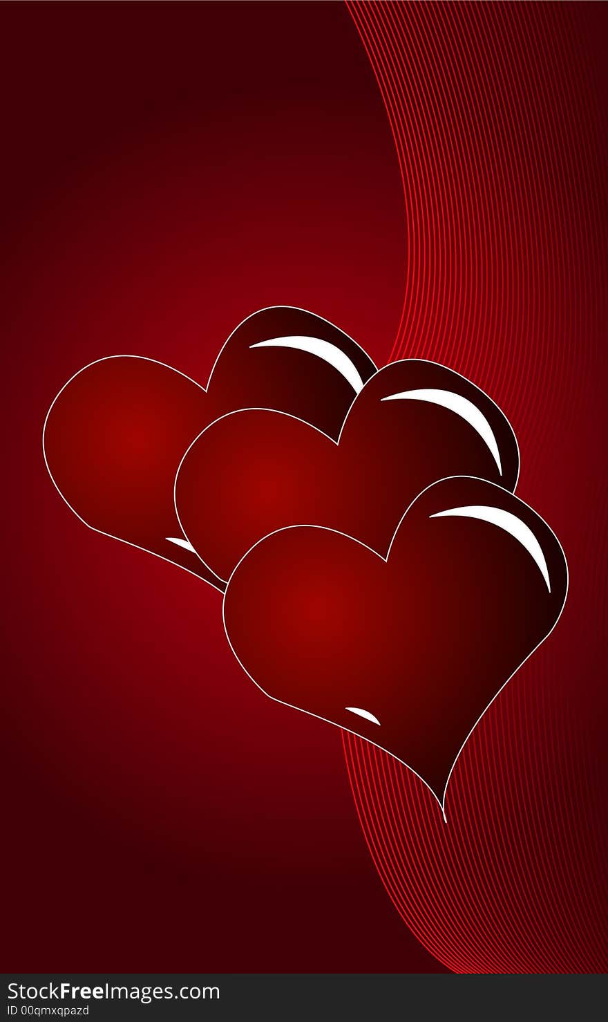 3 hearts on red background with some lines, vector illustration