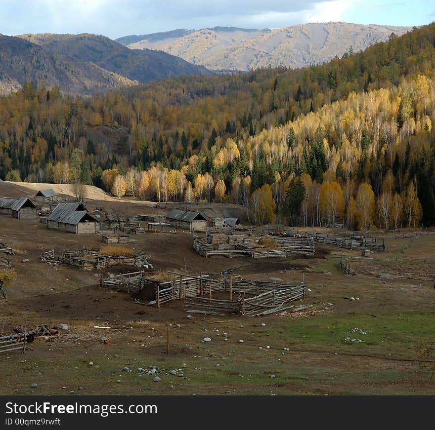 It is a small Village on the way from Kanas to Hemu, which is surrounded by the birch forest on the mountain. 
Northern Xinjiang, China. It is a small Village on the way from Kanas to Hemu, which is surrounded by the birch forest on the mountain. 
Northern Xinjiang, China.