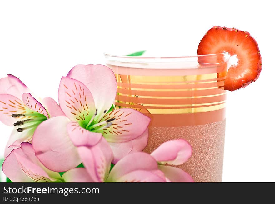 Strawberry lemonade and decorations on white background