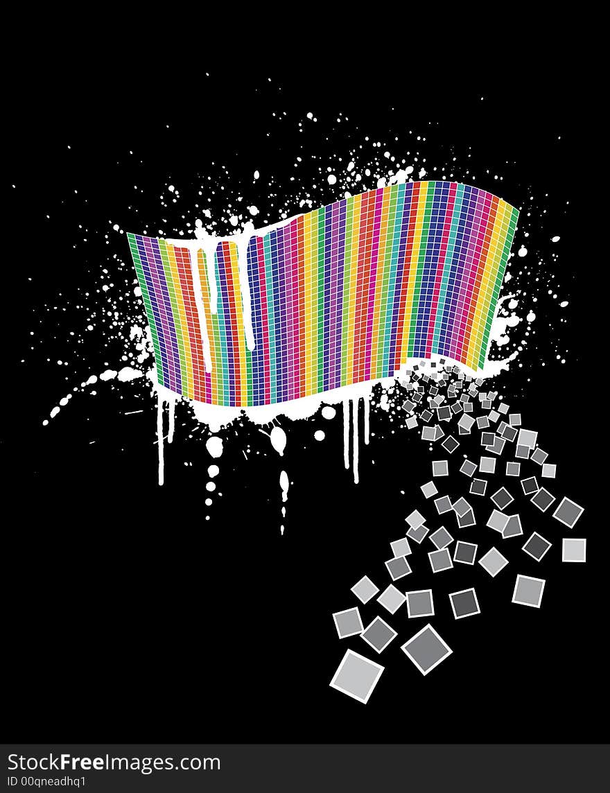 Vector illustration of a wavy rainbow wall full of squares with black ink splatter below it and white paint over it. Little squares falling away. Black background. Vector illustration of a wavy rainbow wall full of squares with black ink splatter below it and white paint over it. Little squares falling away. Black background.