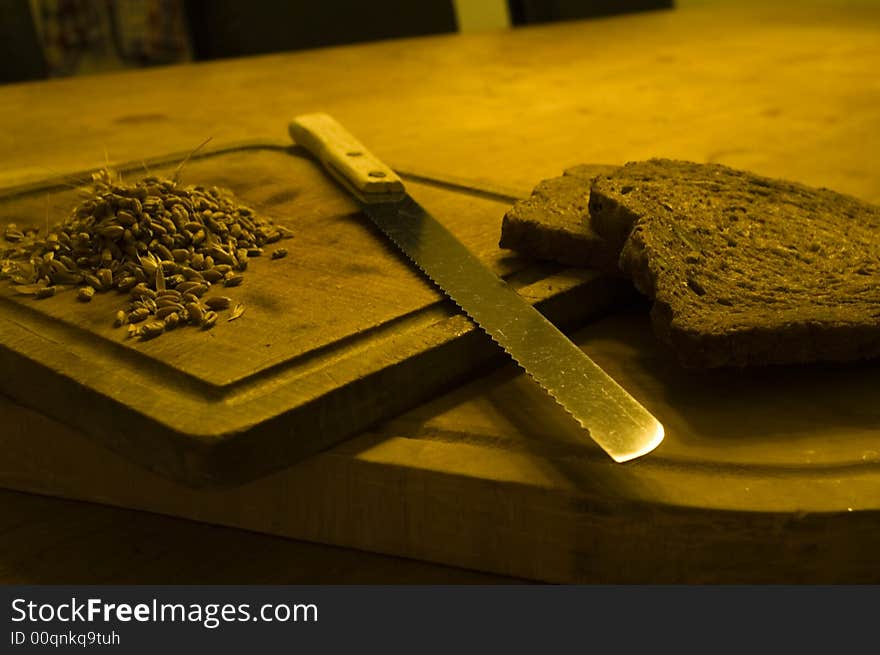 Cereal products, bread cut with a knife