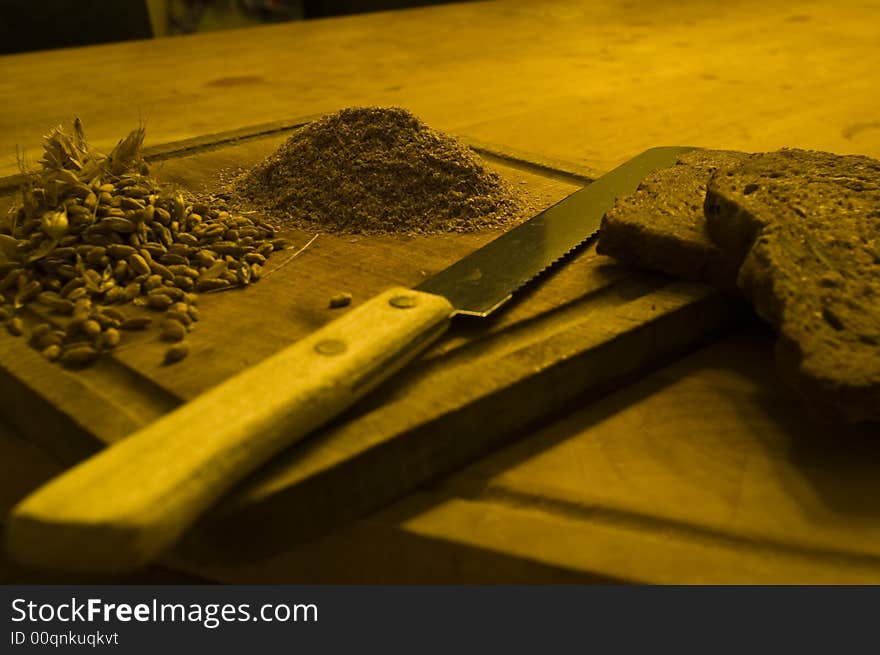 Cereal products, bread cut with a knife