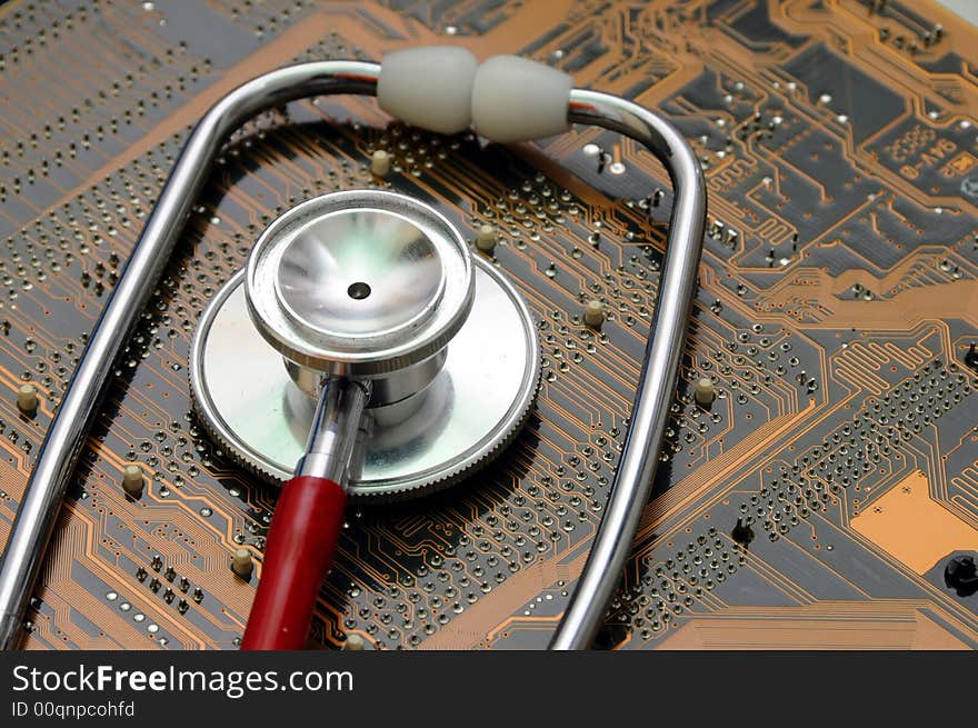 A doctor or nurses Stethoscope and circuit board