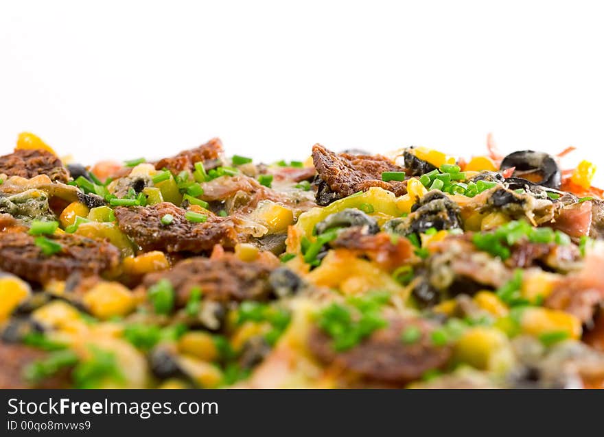 Closeup homemade pizza on white background.