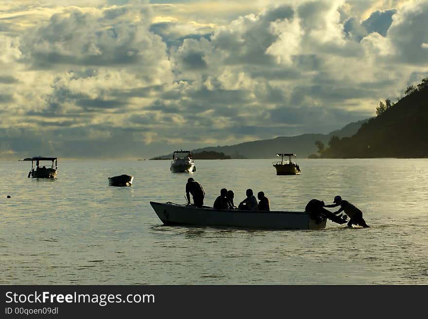 Boat on Seychelles islands at the Indian ocean