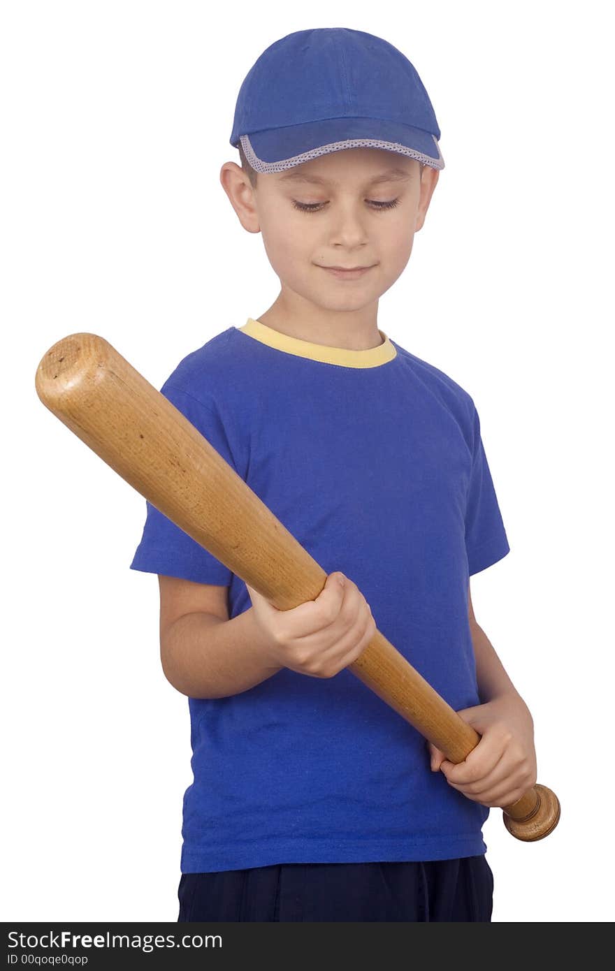 Young boy and bat isolated on white background