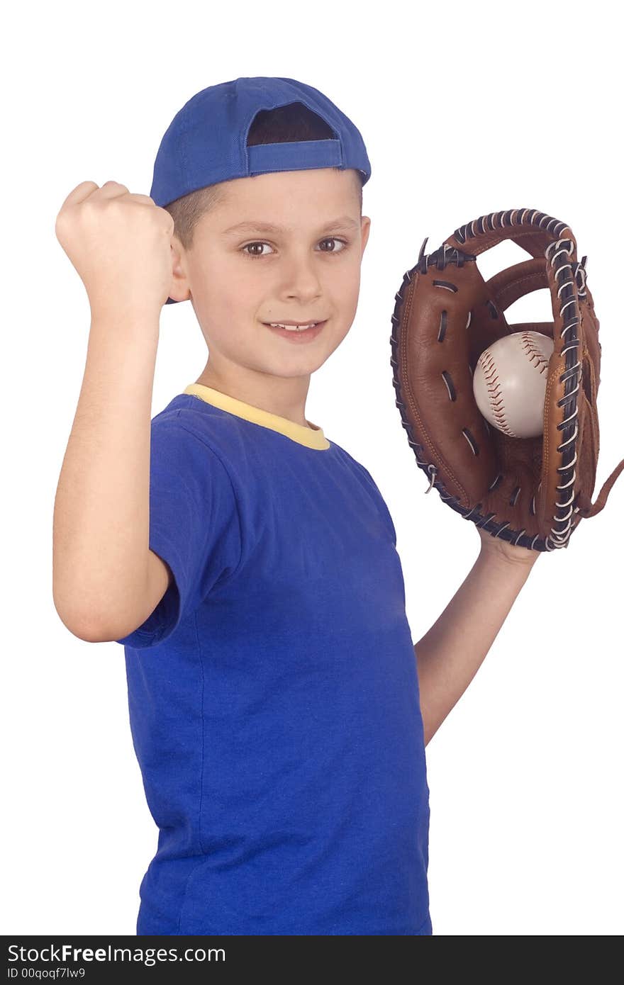 Young boy holding ball and mitt isolated on white background