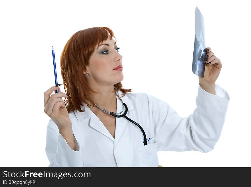 Young doctor with stethoscope on isolated background