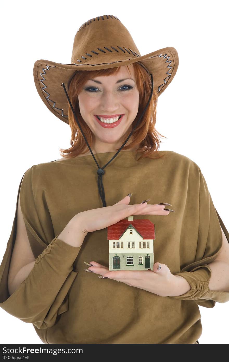 Business woman advertises real estate on isolated background