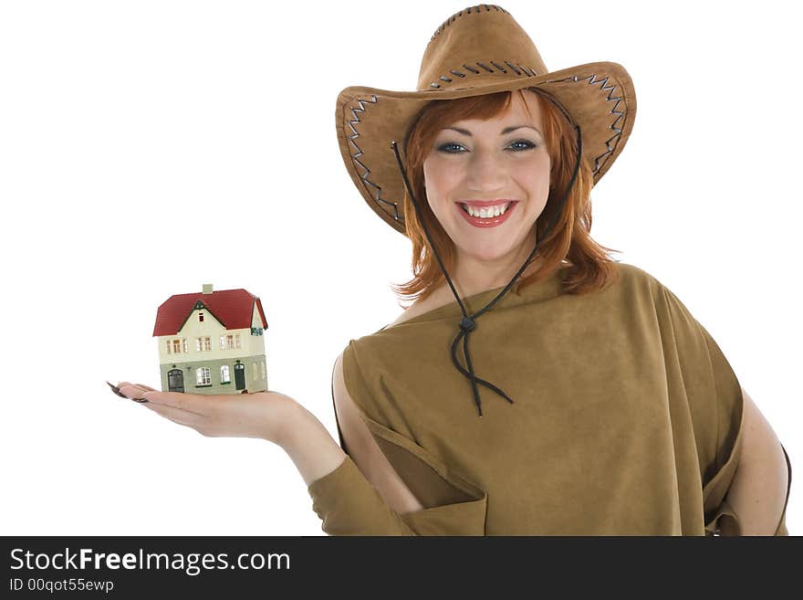 Business woman advertises real estate on isolated background