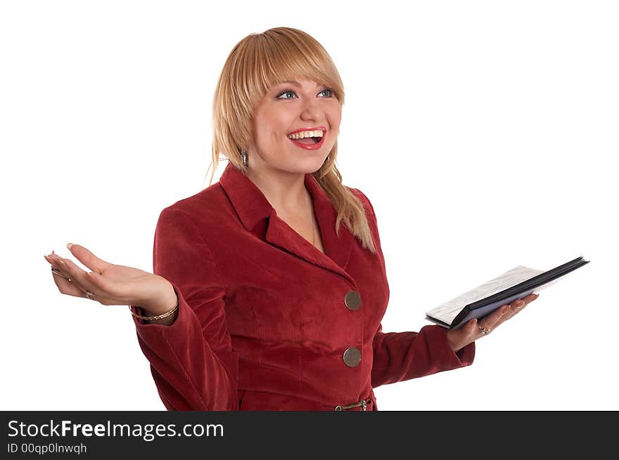 A glad businesswoman showing a gesture of excitement. A glad businesswoman showing a gesture of excitement