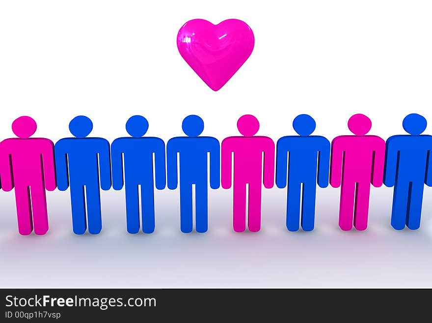 People in line with heart symbol - 3d illustration. People in line with heart symbol - 3d illustration