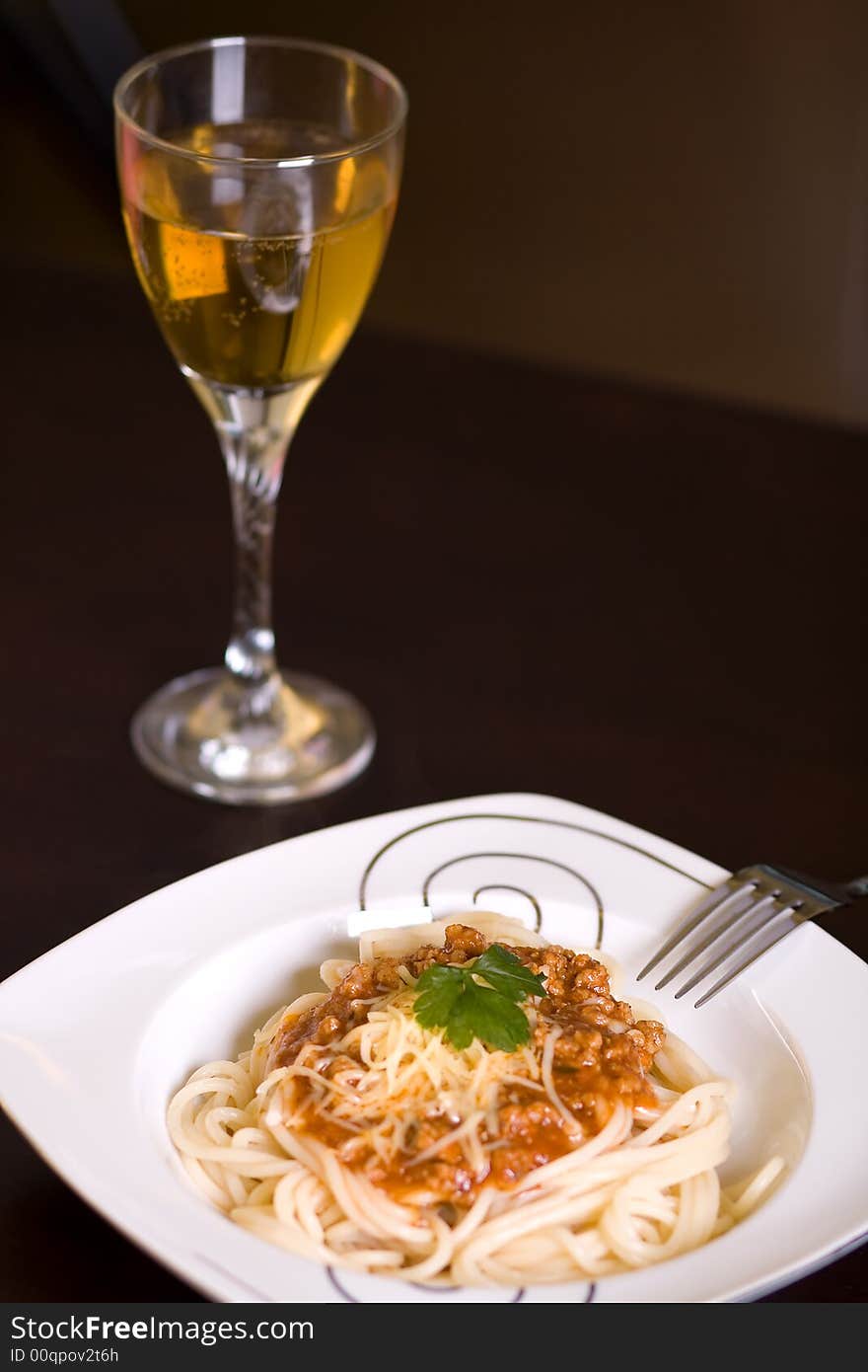 Spaghetti And Wine On Table