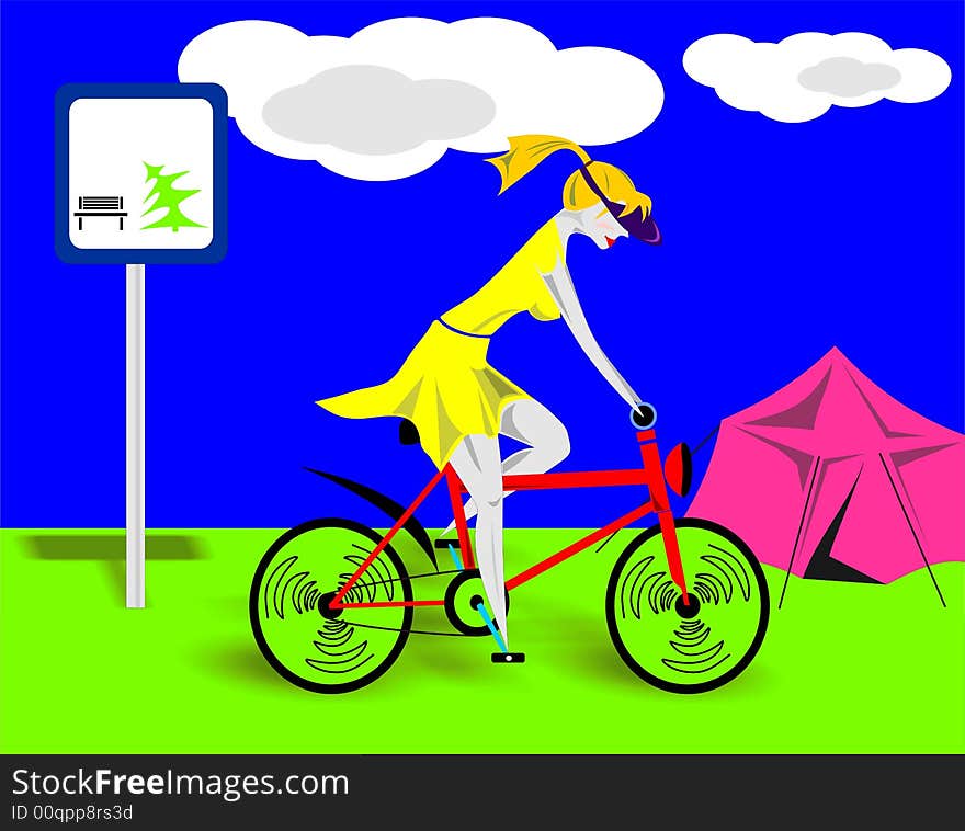 The vector image of the girl - lady going on a bicycle