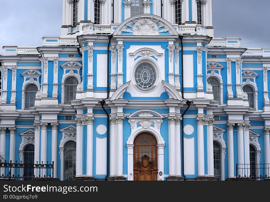 Facade of a Smolny cathedral. St.Petersburg, Russia