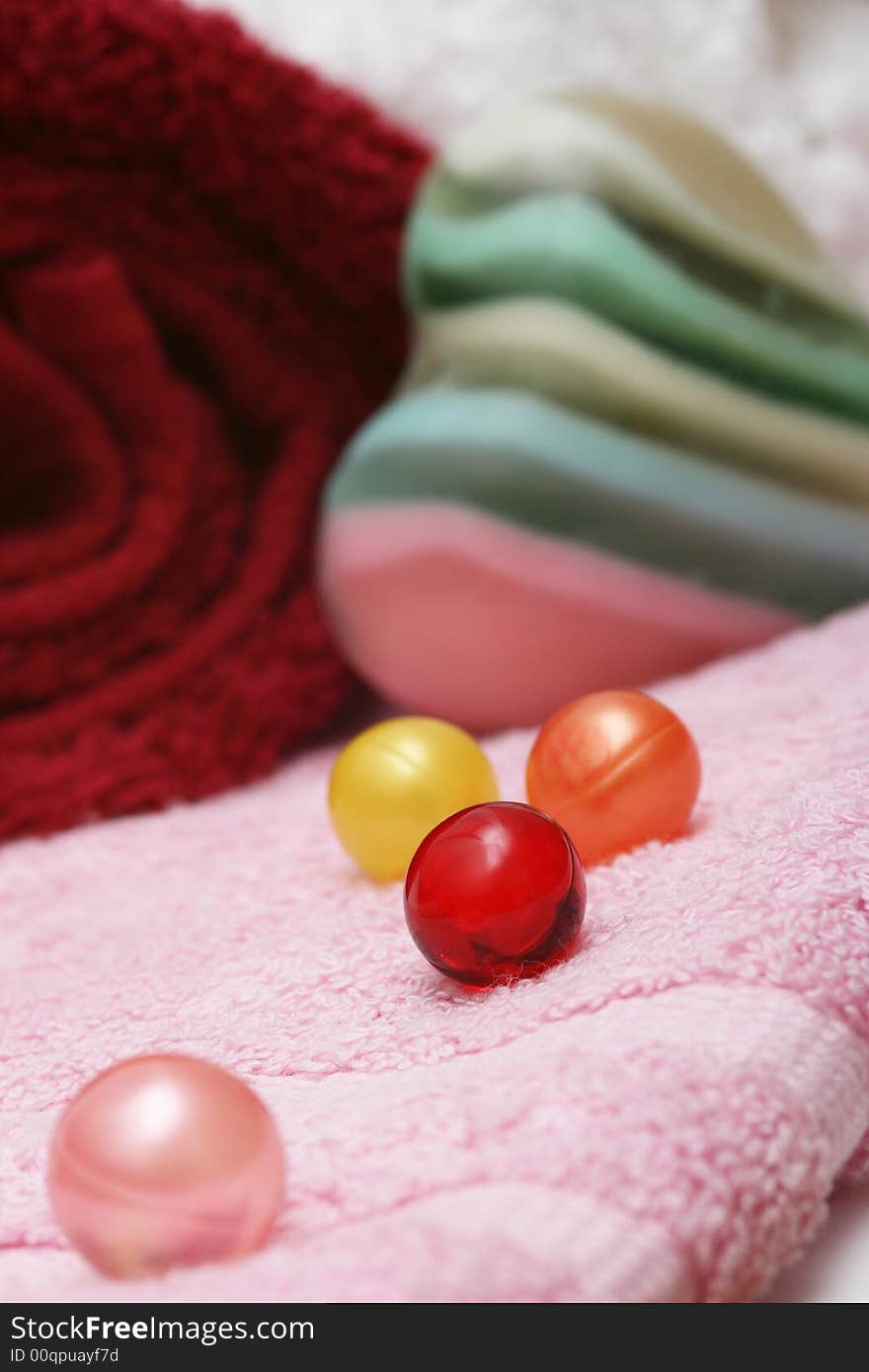 Bath oil pearls,soap-heart with towels. Bath oil pearls,soap-heart with towels.