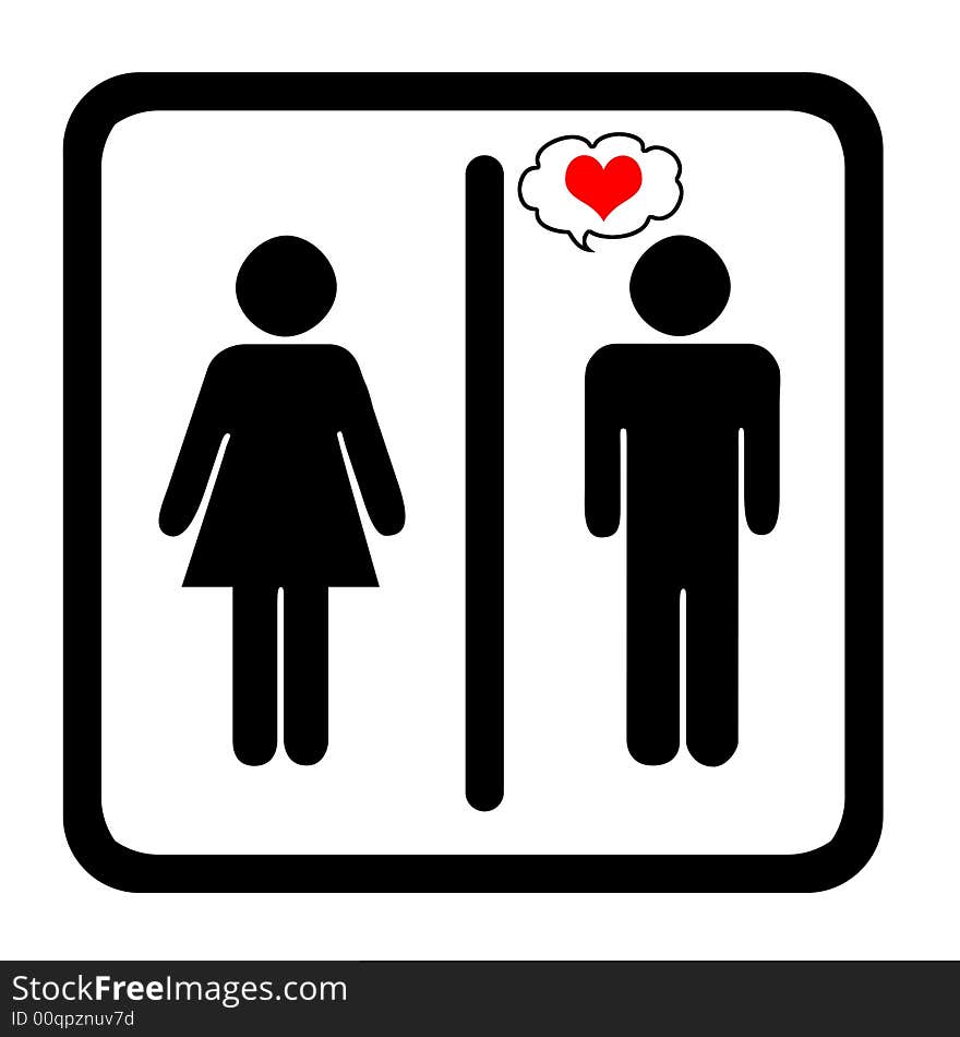 Women's And Men's Toilets Sign With Red Heart. Women's And Men's Toilets Sign With Red Heart