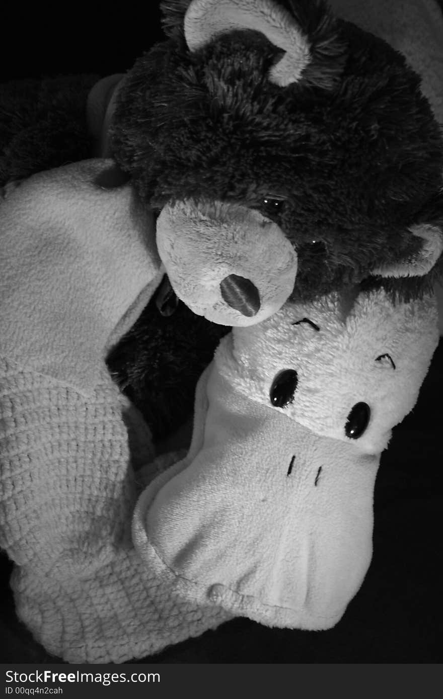 It is very kind and sweet picture of friendship, love and care of each other. It is best friends forever: big brown plush bear with sweet plush ducky. This picture in black and white. It is very kind and sweet picture of friendship, love and care of each other. It is best friends forever: big brown plush bear with sweet plush ducky. This picture in black and white