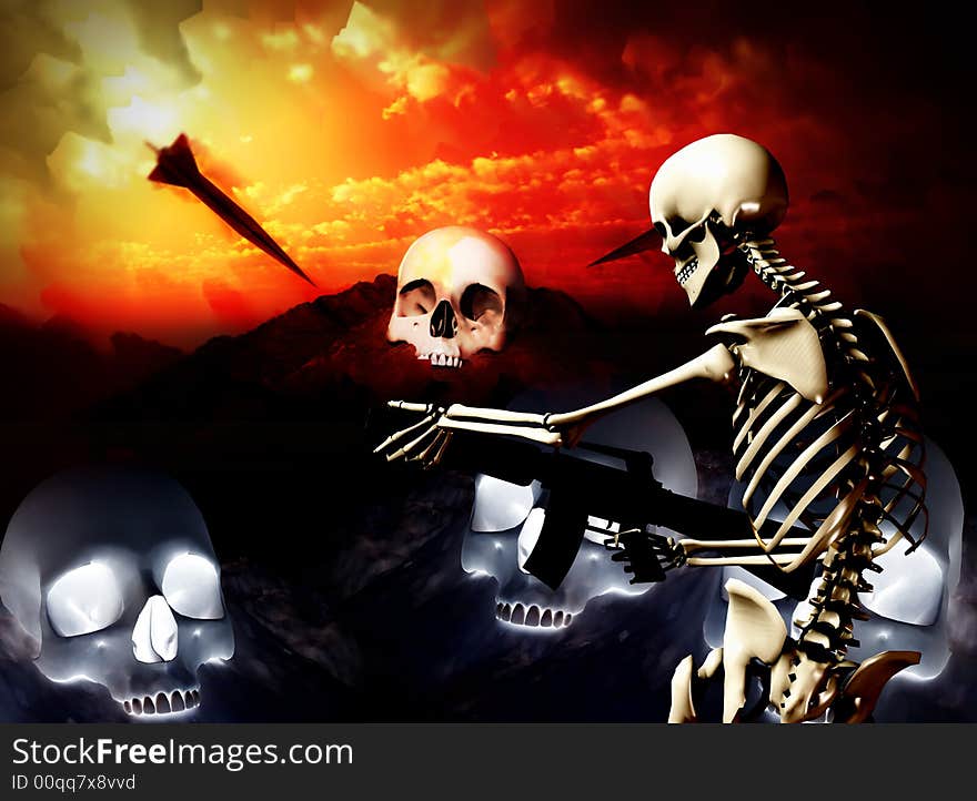 An conceptual image of a skeleton with a gun, it would be good to represent concepts of war. An conceptual image of a skeleton with a gun, it would be good to represent concepts of war.